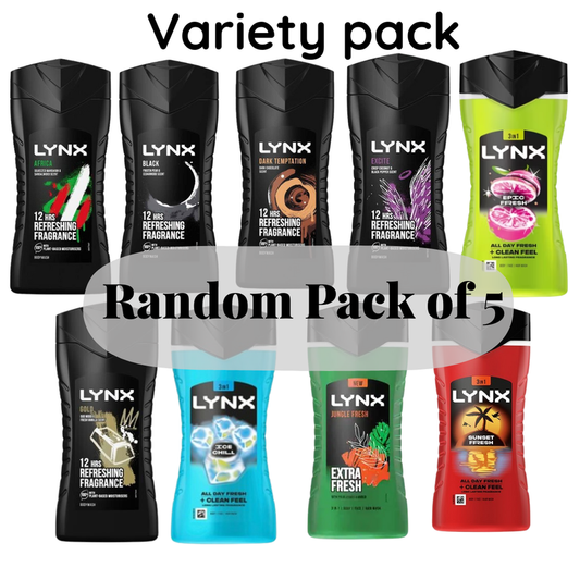 Lynx Shower Gel Body Wash 225ml – Random Selection 5 Variety Pack Bundle
